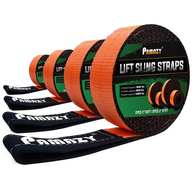 PAMAZY 2PCS 2 x3FT & 2PCS 2 x7FT Supper Sturdy Lift Sling Straps  18800 Pound Capacity Heavy Duty Eye-Eye Nylon Strap for Hoist  2-Ply Polyester Rigging Straps  Tree Saver Recovery Straps Web Sling - Image 1